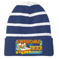 Retro Roller Skates Awesome Since 1933 90th Birthday Striped Beanie with Solid Band