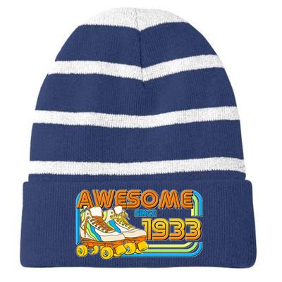 Retro Roller Skates Awesome Since 1933 90th Birthday Striped Beanie with Solid Band