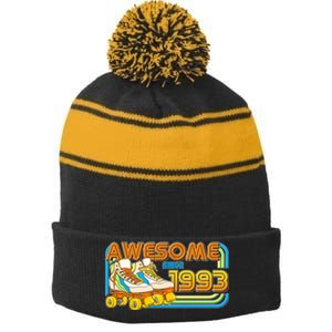 Retro Roller Skates Awesome Since 1993 30th Birthday Stripe Pom Pom Beanie