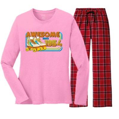 Retro Roller Skates Awesome Since 1954 70th Birthday Women's Long Sleeve Flannel Pajama Set 