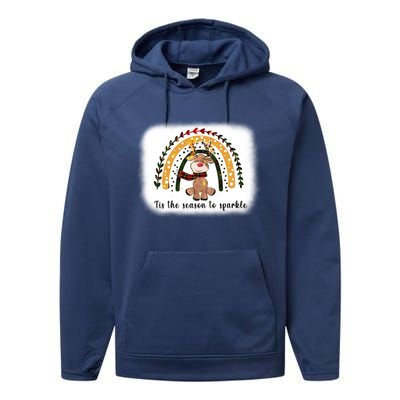 Rainbow Reindeer Tis The Season To Bleached Gift Performance Fleece Hoodie