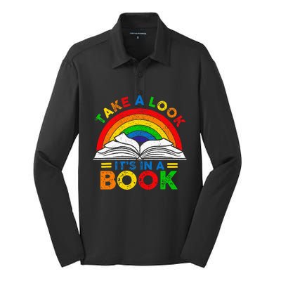 Retro Rainbow Take A Look ItS In A Book Reading Bookworm Silk Touch Performance Long Sleeve Polo