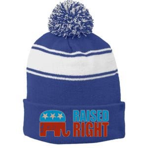 Raised Right Trump 2024 Republican Conservative Cute Gift Stripe Pom Pom Beanie