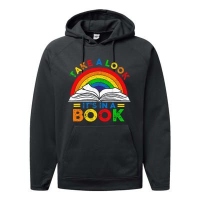 Retro Rainbow Take A Look ItS In A Book Reading Bookworm Performance Fleece Hoodie