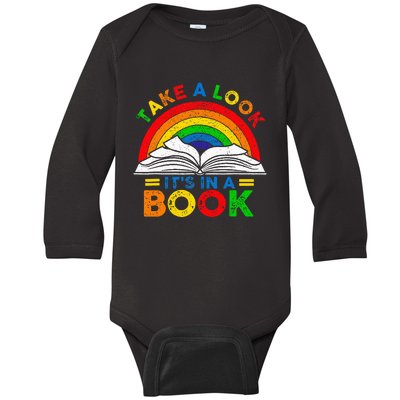 Retro Rainbow Take A Look ItS In A Book Reading Bookworm Baby Long Sleeve Bodysuit