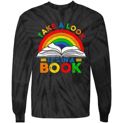 Retro Rainbow Take A Look ItS In A Book Reading Bookworm Tie-Dye Long Sleeve Shirt