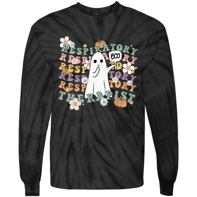 Retro Respiratory Therapist Cute Ghost Halloween Pumpkin Tie-Dye Long Sleeve Shirt