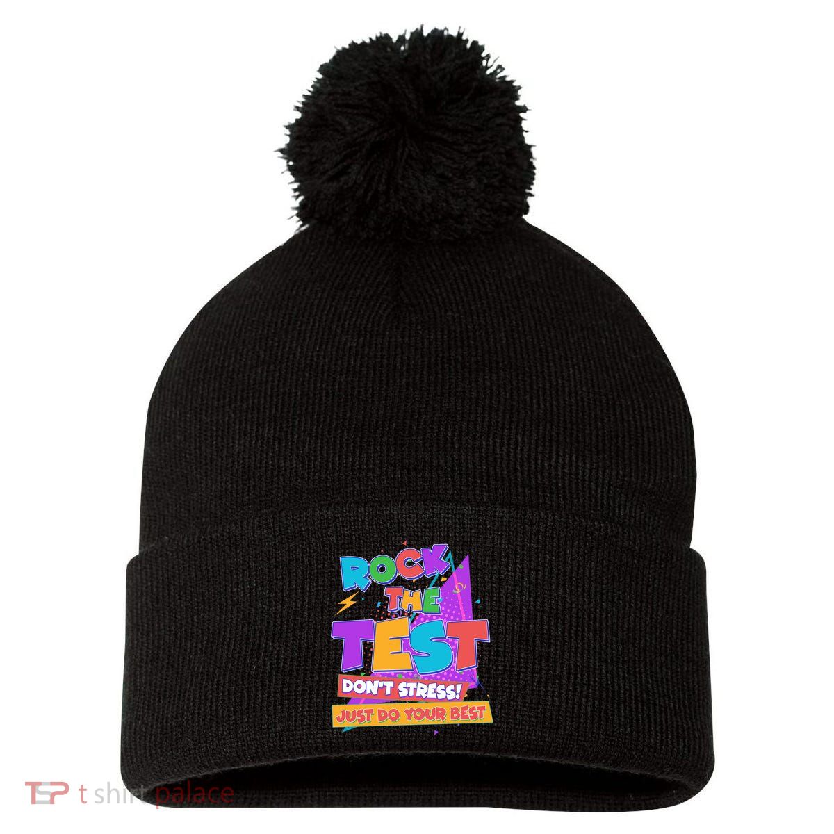 Retro Rock The Test Dont Stress Just Do Your Best Pom Pom 12in Knit Beanie