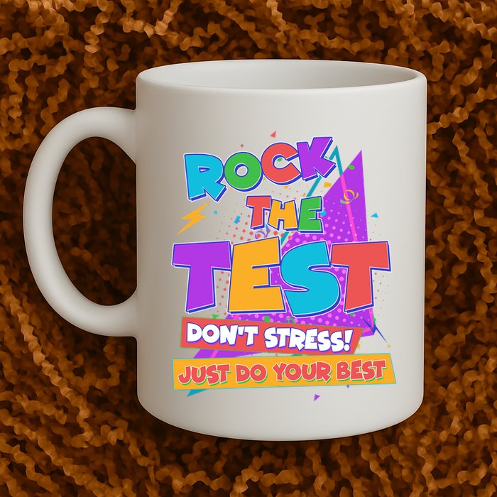 Retro Rock The Test Dont Stress Just Do Your Best Mug