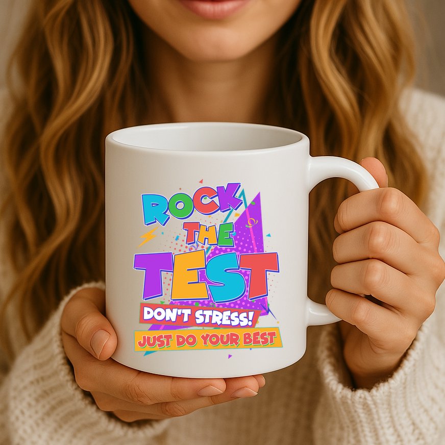 Retro Rock The Test Dont Stress Just Do Your Best Mug