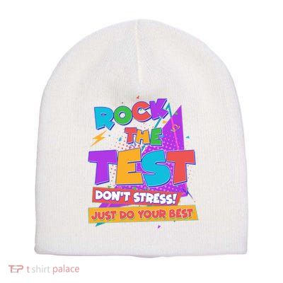 Retro Rock The Test Dont Stress Just Do Your Best Short Acrylic Beanie