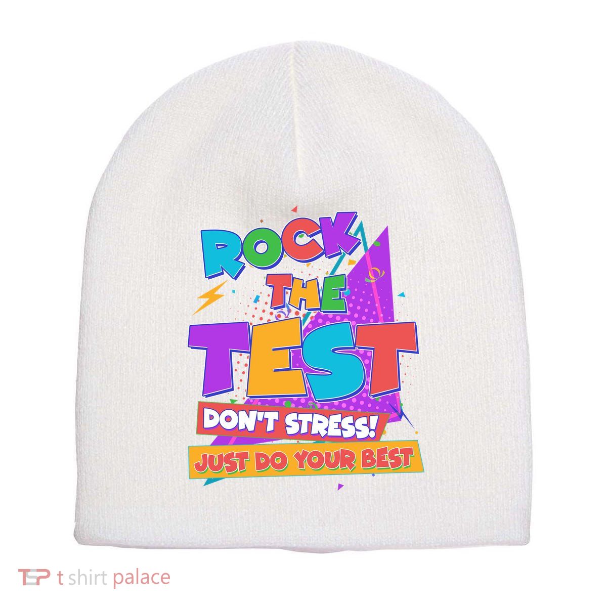 Retro Rock The Test Dont Stress Just Do Your Best Short Acrylic Beanie