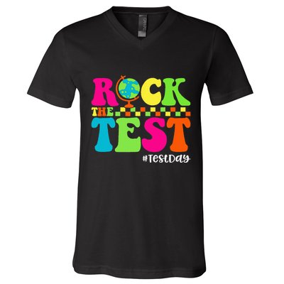 Retro Rock The Test Testing Day Motivational Teacher Student V-Neck T-Shirt