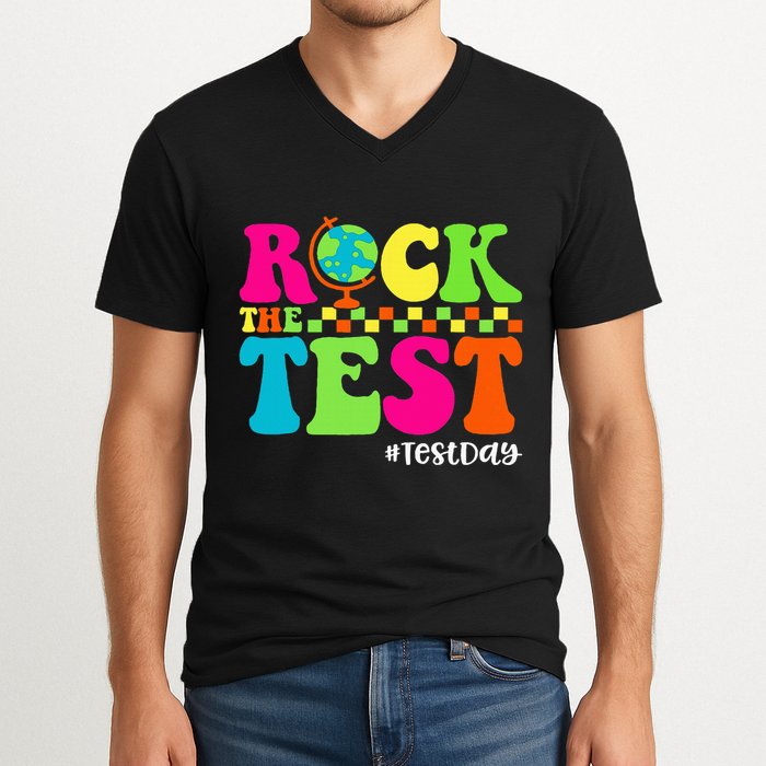 Retro Rock The Test Testing Day Motivational Teacher Student V-Neck T-Shirt