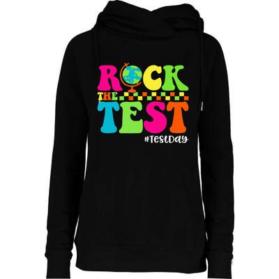 Retro Rock The Test Testing Day Motivational Teacher Student Womens Funnel Neck Pullover Hood