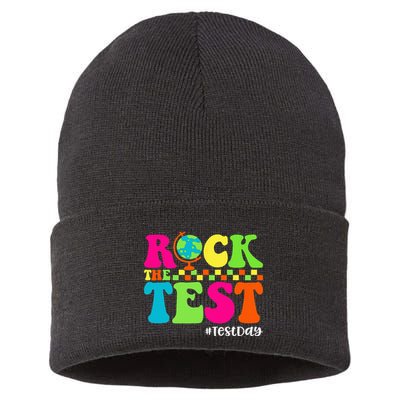 Retro Rock The Test Testing Day Motivational Teacher Student Sustainable Knit Beanie