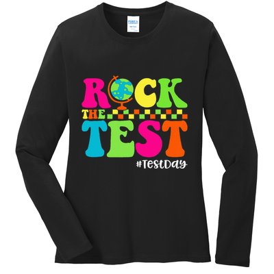 Retro Rock The Test Testing Day Motivational Teacher Student Ladies Long Sleeve Shirt