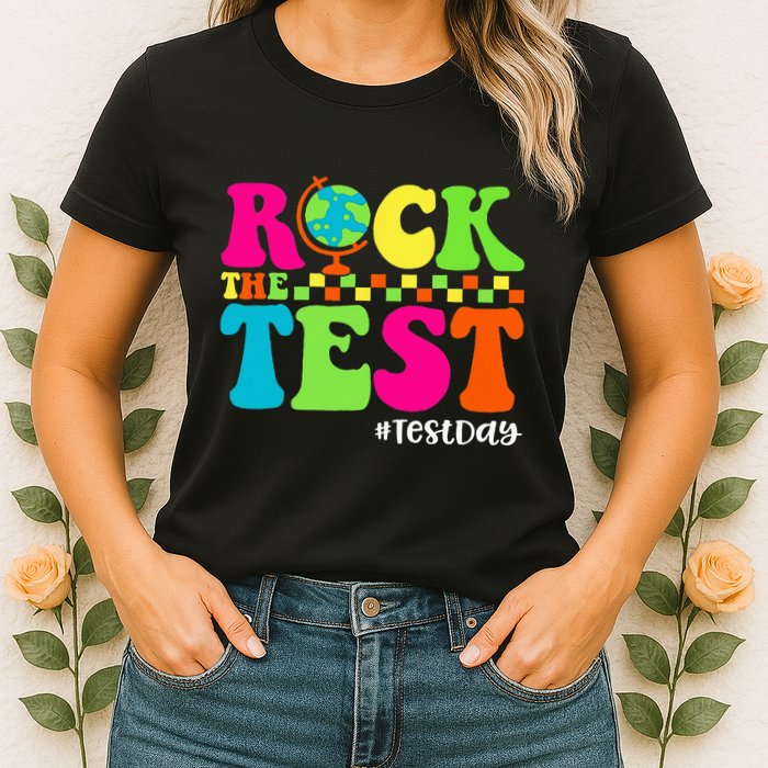 Retro Rock The Test Testing Day Motivational Teacher Student Womens T-Shirt