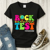 Retro Rock The Test Testing Day Motivational Teacher Student Womens T-Shirt