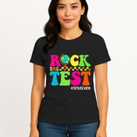 Retro Rock The Test Testing Day Motivational Teacher Student Womens T-Shirt