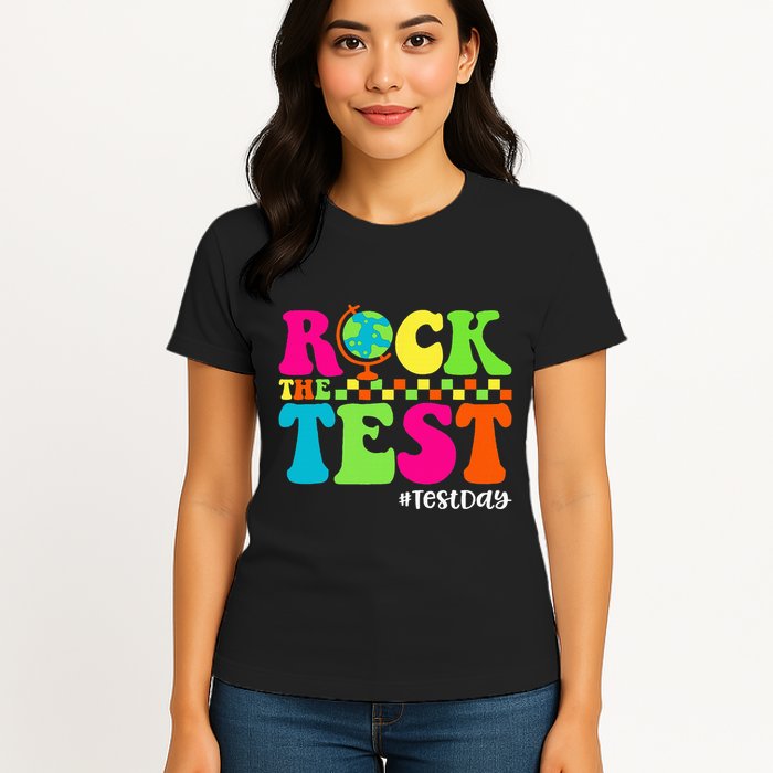 Retro Rock The Test Testing Day Motivational Teacher Student Womens T-Shirt