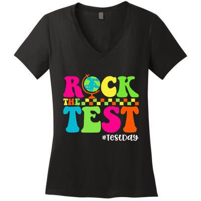 Retro Rock The Test Testing Day Motivational Teacher Student Women's V-Neck T-Shirt