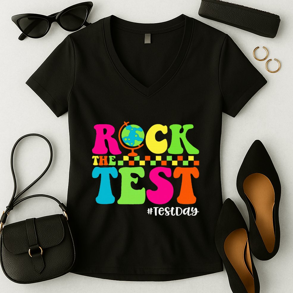 Retro Rock The Test Testing Day Motivational Teacher Student Women's V-Neck T-Shirt