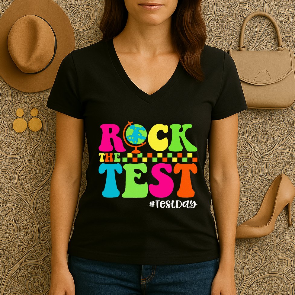 Retro Rock The Test Testing Day Motivational Teacher Student Women's V-Neck T-Shirt