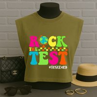 Retro Rock The Test Testing Day Motivational Teacher Student Garment-Dyed Women's Muscle Tee