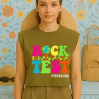 Retro Rock The Test Testing Day Motivational Teacher Student Garment-Dyed Women's Muscle Tee