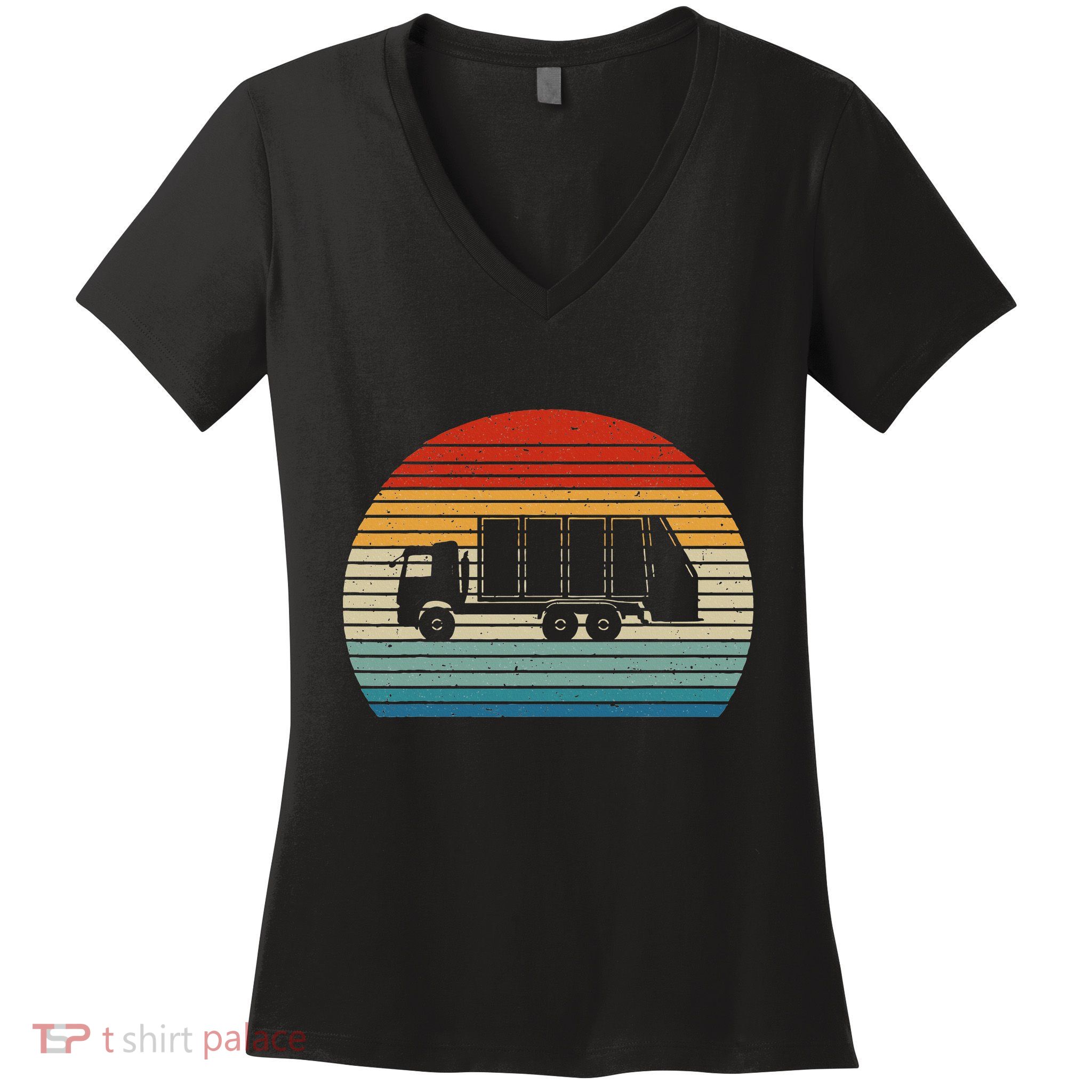 Retro Recycling Trash Garbage Truck Sunset Old School Party Women's V-Neck T-Shirt