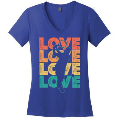 Retro Racquet Tennis Love Word Theme Graphic Design Gift Women's V-Neck T-Shirt