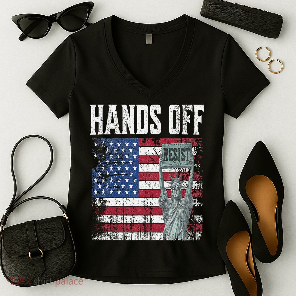 Resist Resistance USA Statue Of Liberty Hands Off Protest Women's V-Neck T-Shirt