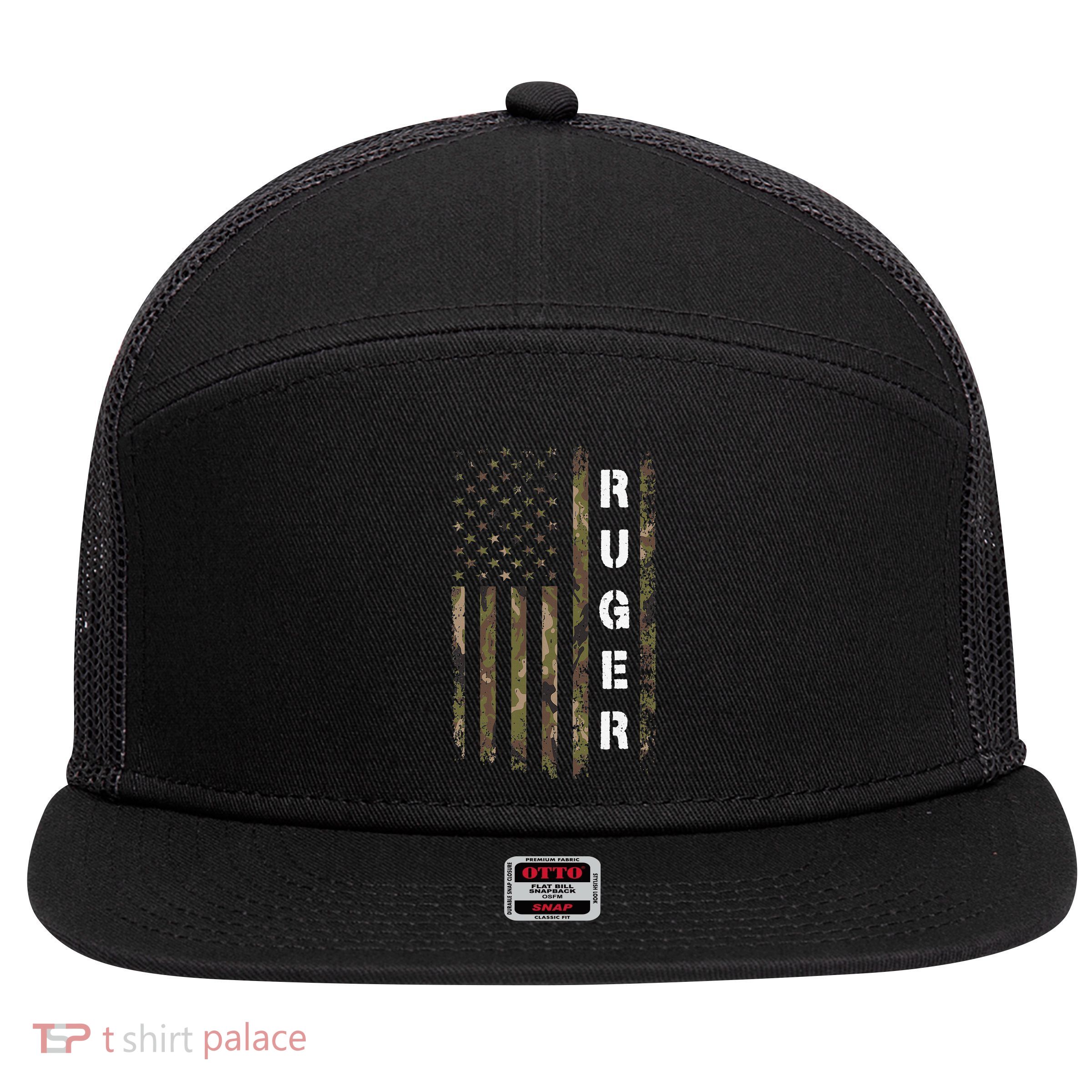 Retro Ruger Vintage Camouflage American Flag Matching Name 7 Panel Mesh Trucker Snapback Hat