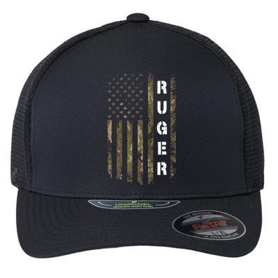 Retro Ruger Vintage Camouflage American Flag Matching Name Flexfit Unipanel Trucker Cap