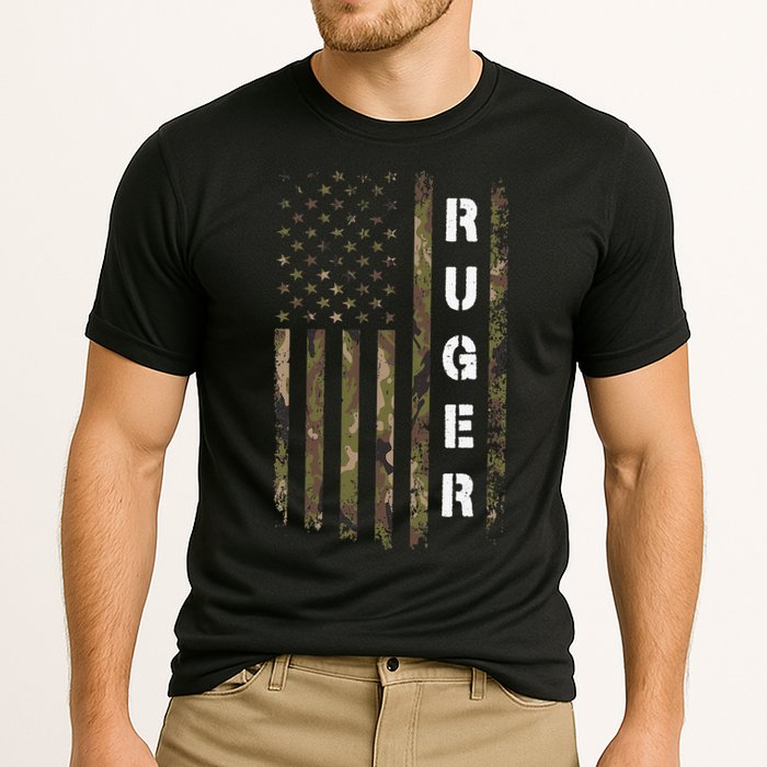 Retro Ruger Vintage Camouflage American Flag Matching Name Performance Shirt