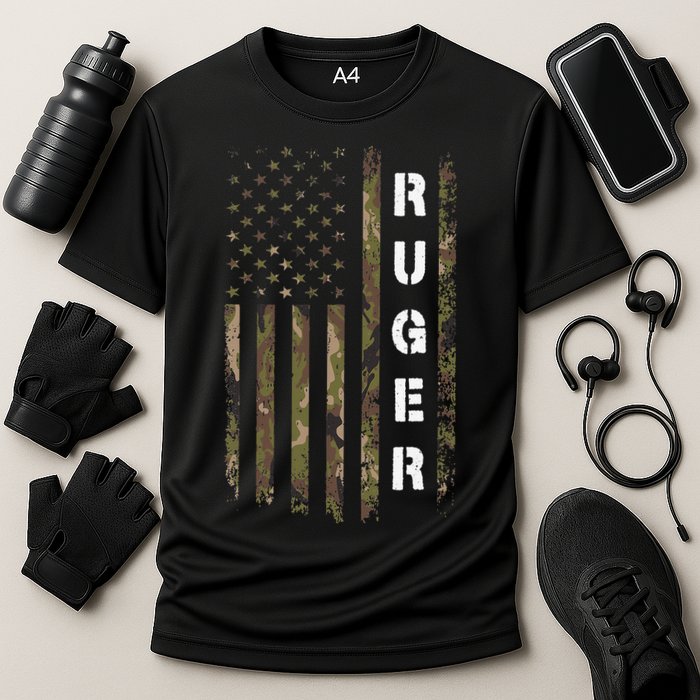 Retro Ruger Vintage Camouflage American Flag Matching Name Performance Shirt