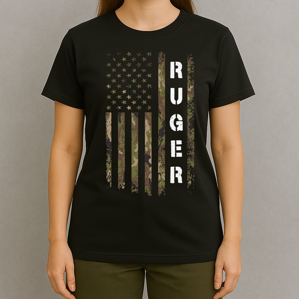 Retro Ruger Vintage Camouflage American Flag Matching Name T-Shirt