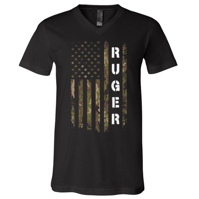 Retro Ruger Vintage Camouflage American Flag Matching Name V-Neck T-Shirt