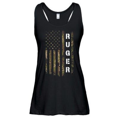 Retro Ruger Vintage Camouflage American Flag Matching Name Ladies Essential Flowy Tank