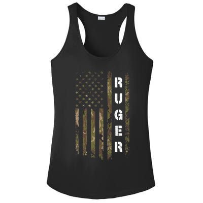 Retro Ruger Vintage Camouflage American Flag Matching Name Ladies PosiCharge Competitor Racerback Tank