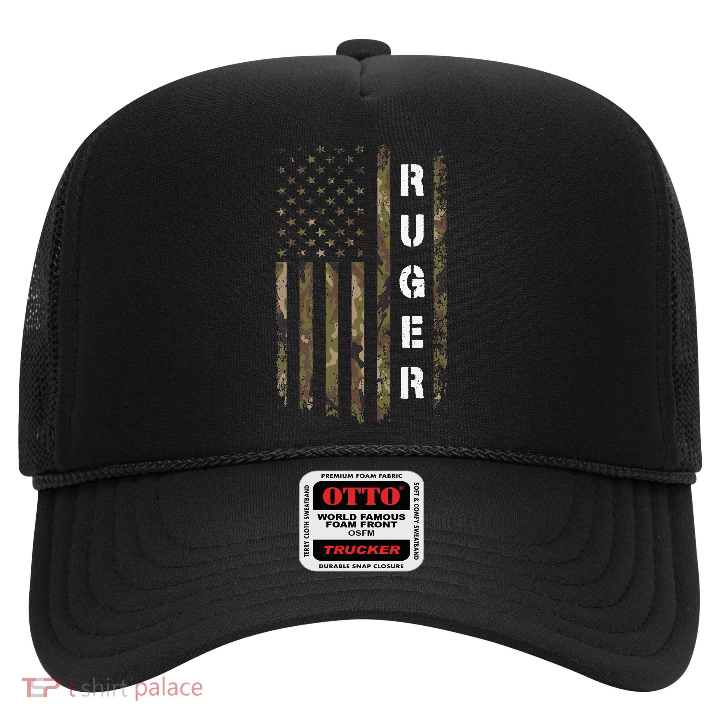 Retro Ruger Vintage Camouflage American Flag Matching Name Trucker Hat