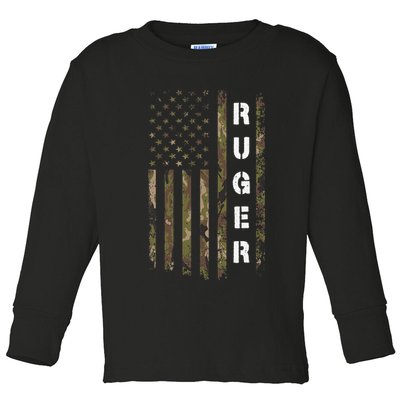 Retro Ruger Vintage Camouflage American Flag Matching Name Toddler Long Sleeve Shirt