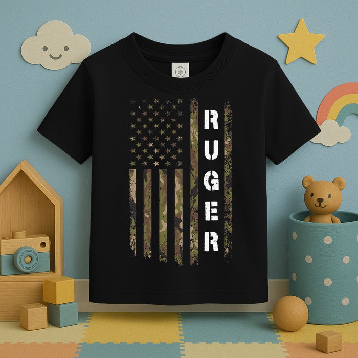 Retro Ruger Vintage Camouflage American Flag Matching Name Toddler T-Shirt