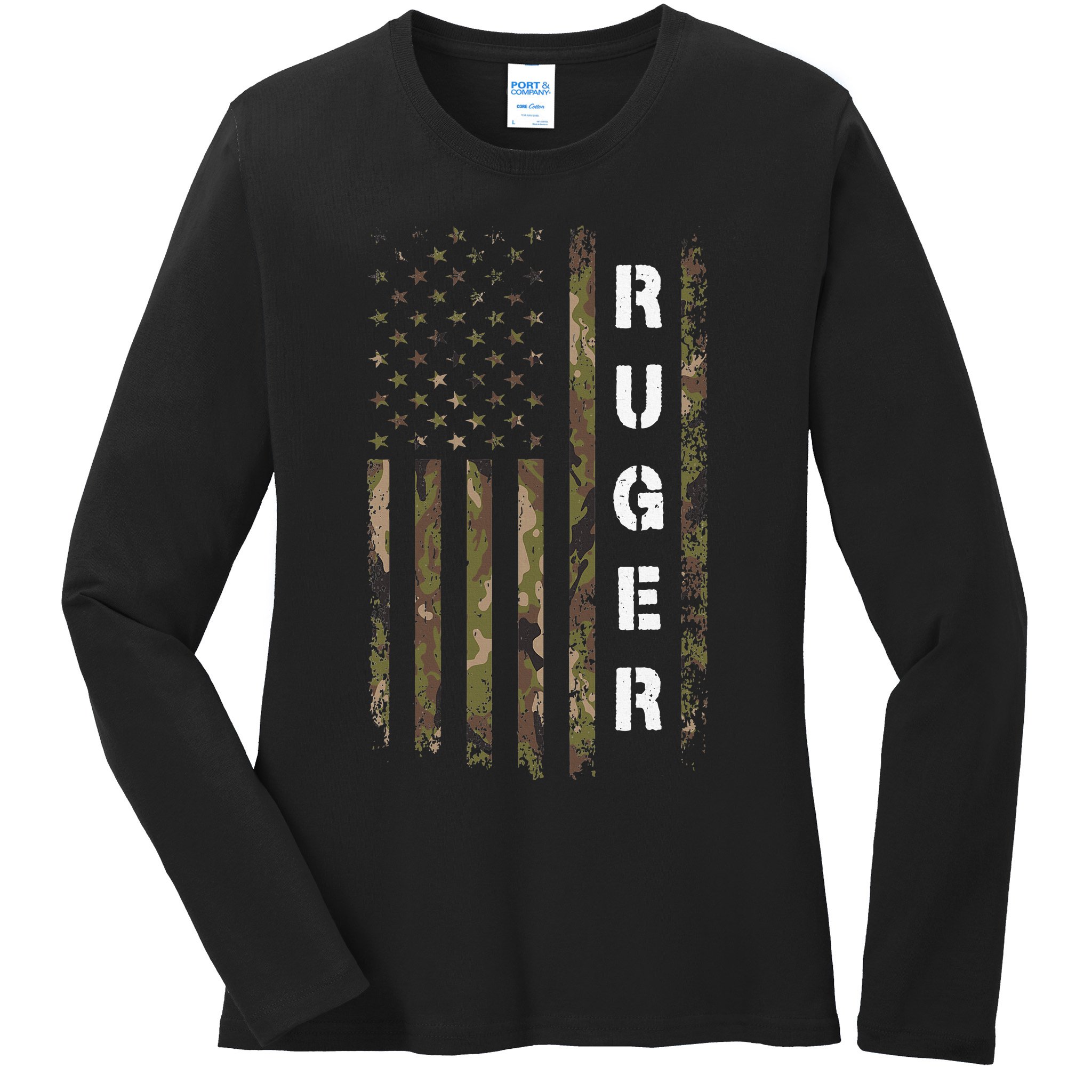 Retro Ruger Vintage Camouflage American Flag Matching Name Ladies Long Sleeve Shirt