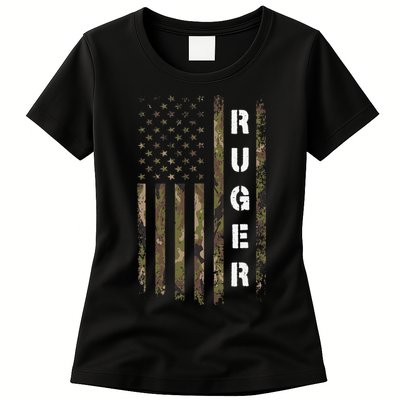 Retro Ruger Vintage Camouflage American Flag Matching Name Womens T-Shirt