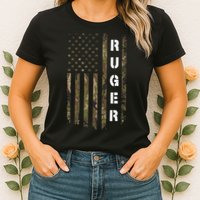 Retro Ruger Vintage Camouflage American Flag Matching Name Womens T-Shirt