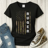 Retro Ruger Vintage Camouflage American Flag Matching Name Womens T-Shirt