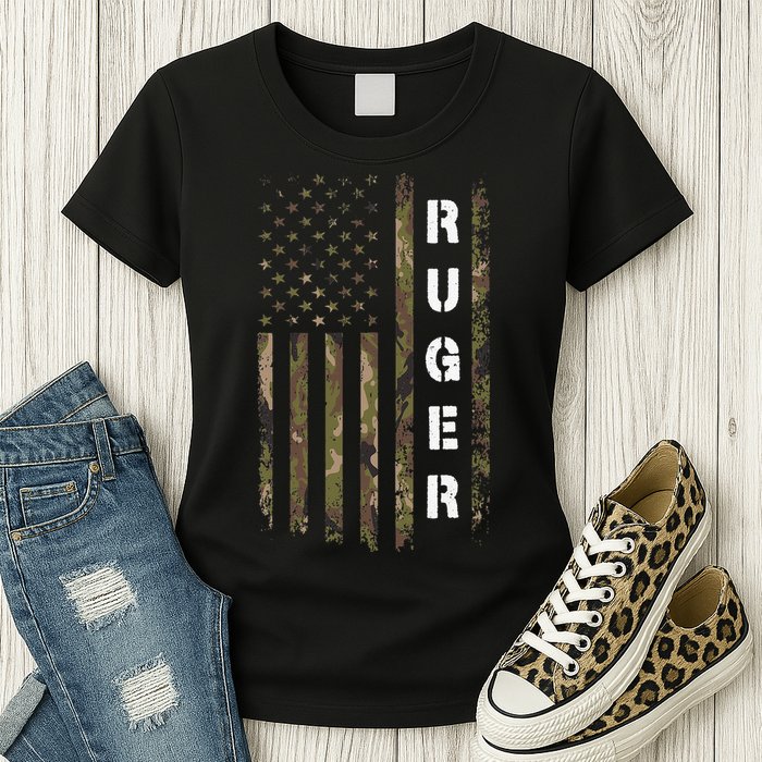 Retro Ruger Vintage Camouflage American Flag Matching Name Womens T-Shirt