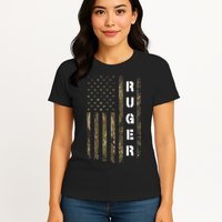Retro Ruger Vintage Camouflage American Flag Matching Name Womens T-Shirt